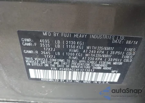 2015 Subaru Outback 2.5I Premium из США, поврежденный, VIN 4S4BSACC4F3213017